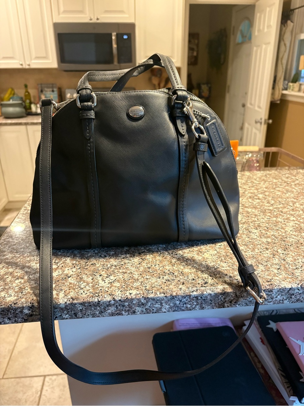 Coach Cora Peyton Black Saffiano Leather Domed removable long strap